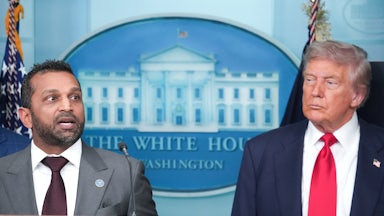 FBI Director Kash Patel speaks at a podium as Donald Trump listens on.