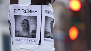 Papers stapled to a pole read "RIP RENEE MURDERED BY ICE" and include a photo of her smiling.