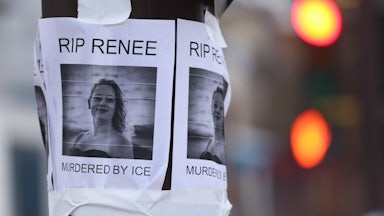 Papers stapled to a pole read "RIP RENEE MURDERED BY ICE" and include a photo of her smiling.