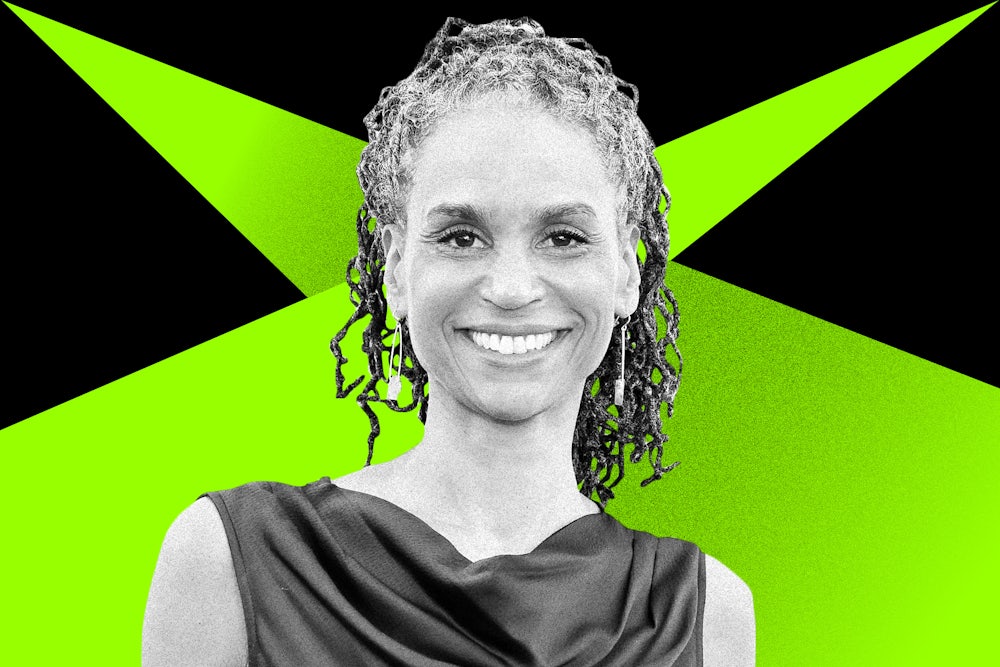 Maya Wiley in front of a green and black background