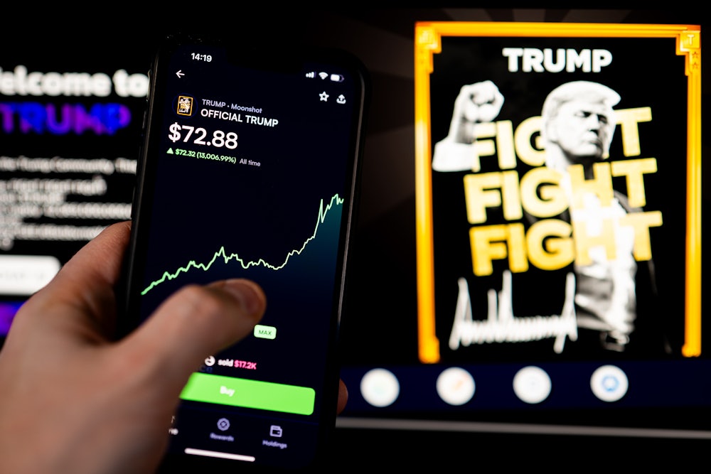 In this photo illustration, a Donald Trump meme coin $Trump logo seen displayed on a smartphone.
