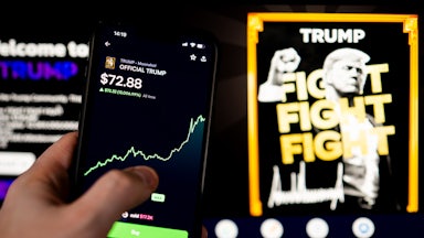 In this photo illustration, a Donald Trump meme coin $Trump logo seen displayed on a smartphone.