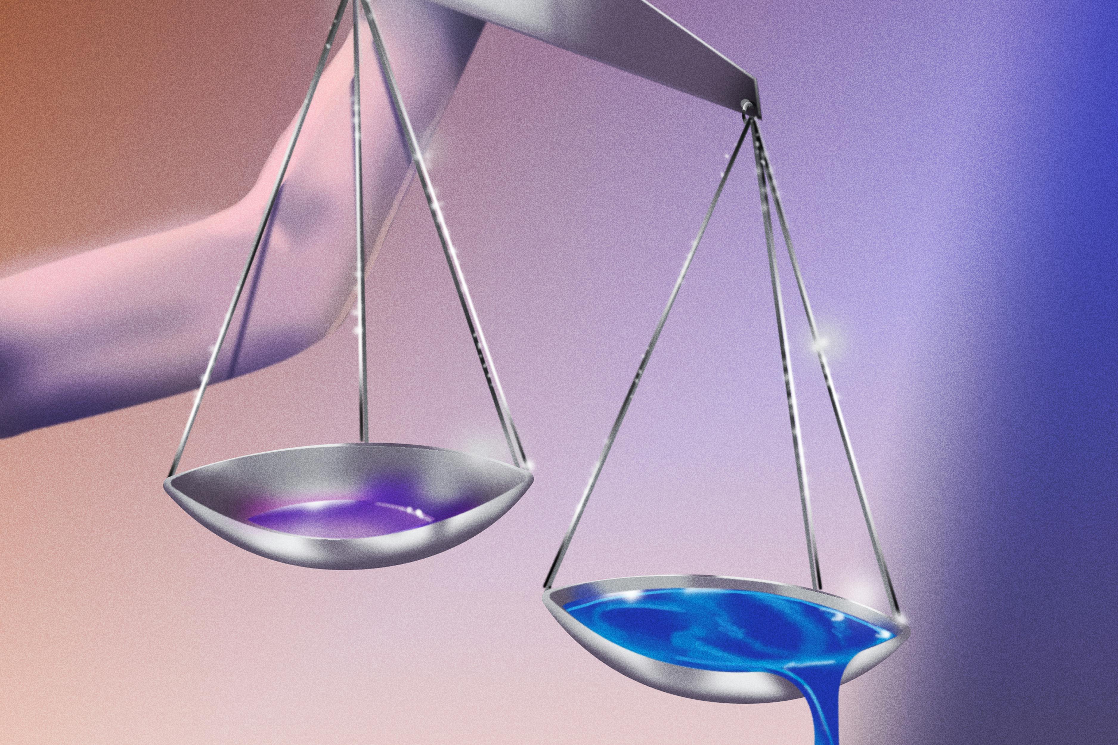 An illustration of an arm holding a scale. The heavier side overflows with blue liquid.