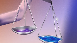 An illustration of an arm holding a scale. The heavier side overflows with blue liquid.