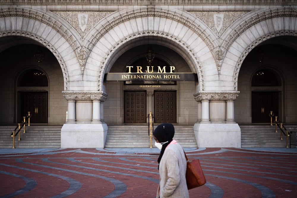 The front entrance of what was once the Trump International Hotel in Washington, D.C.