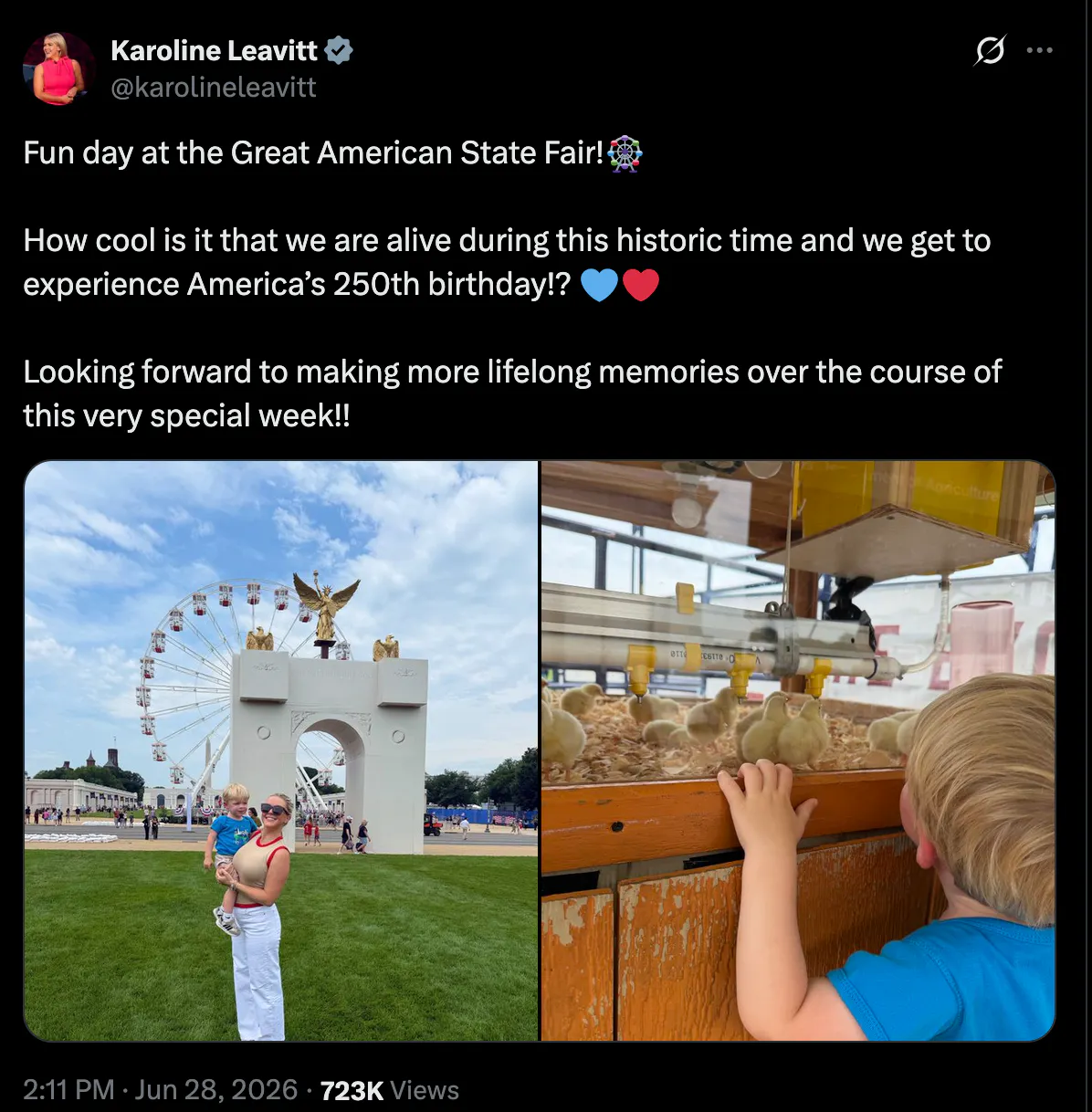 A screenshot of a tweet from Karoline Leavitt reading "Fun day at the Great American State Fair!🎡 How cool is it that we are alive during this historic time and we get to experience America’s 250th birthday!? 💙❤️ Looking forward to making more lifelong memories over the course of this very special week!!" It includes two photos of a little boy in a blue shirt. 