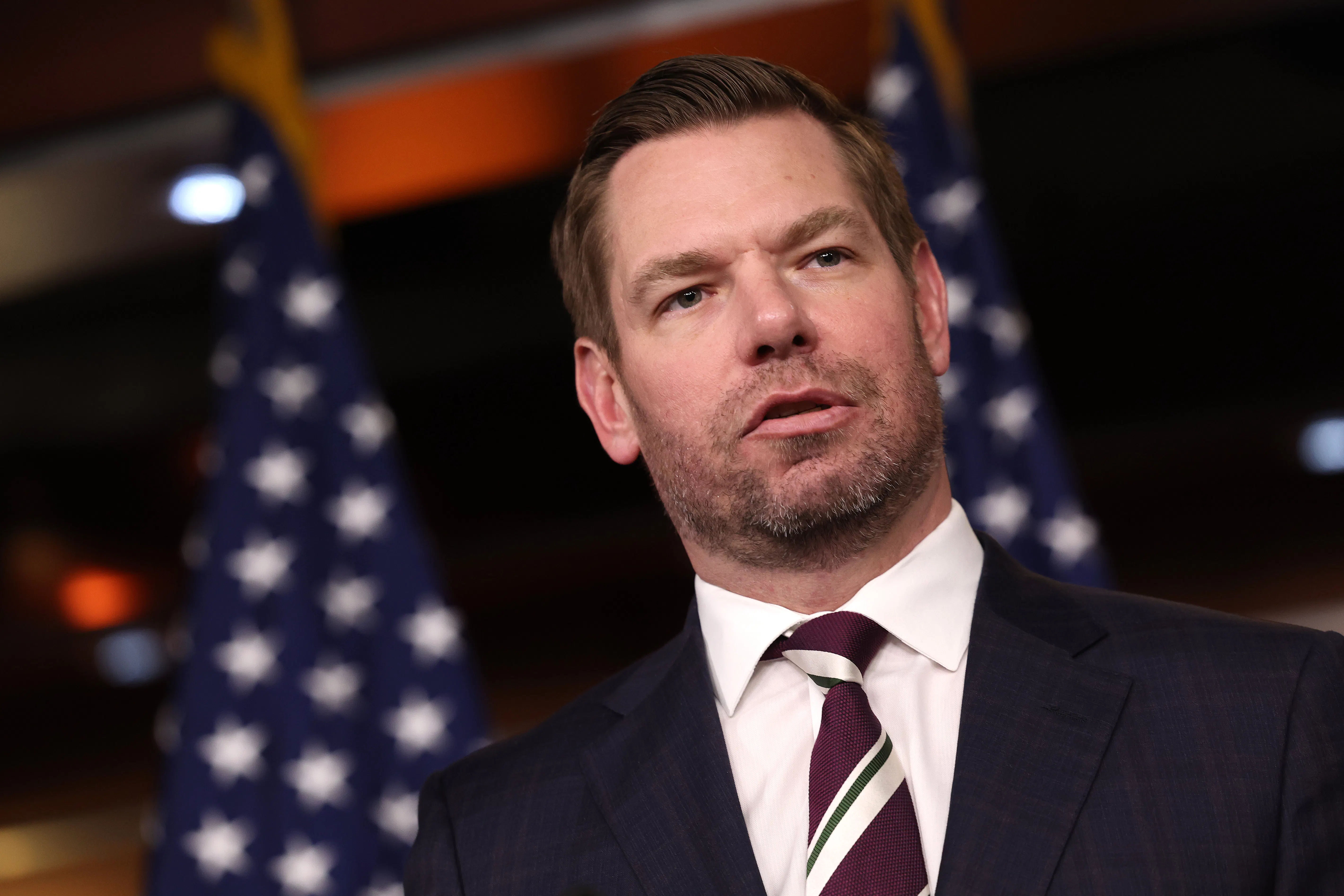 Eric Swalwell speaks at a press conference.