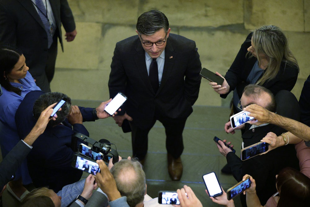 House Speaker Mike Johnson speaks to members of the press as he arrives at the U.S. Capitol. House lawmakers are back at Capitol Hill this week to work on the budget bill.