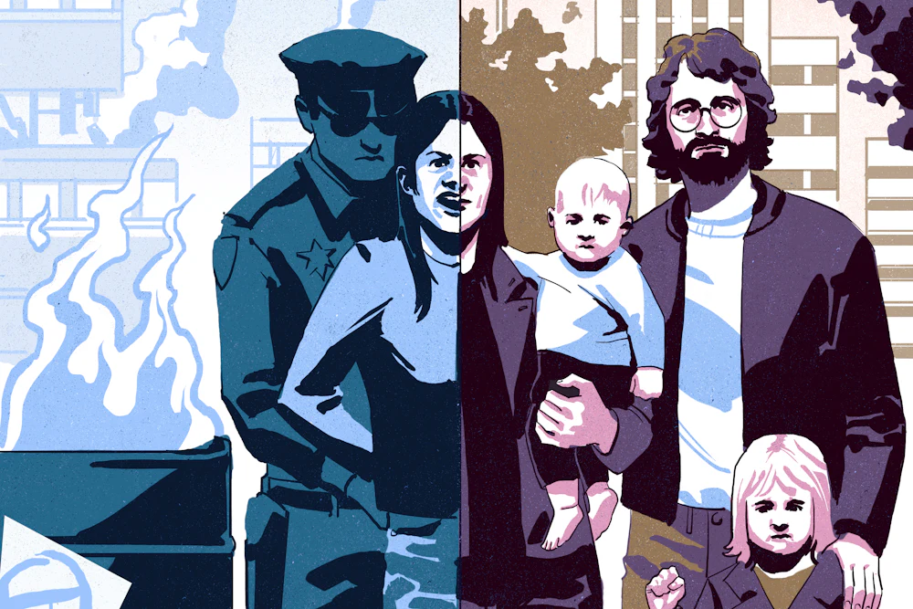 An illustration with a split color field to represent double lives of a family, parents with two young children. The mother is Weather Underground activist Bernardine Dohrn and she is restrained by a police officer on the left and half her contorted face and body is split by the color field and composition. On the right she has a docile expression and she and her husband are Bill Ayers hold their baby and young sibling, one of these represents the author.