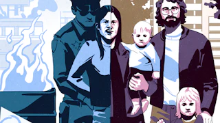 An illustration with a split color field to represent double lives of a family, parents with two young children. The mother is Weather Underground activist Bernardine Dohrn and she is restrained by a police officer on the left and half her contorted face and body is split by the color field and composition. On the right she has a docile expression and she and her husband are Bill Ayers hold their baby and young sibling, one of these represents the author.
