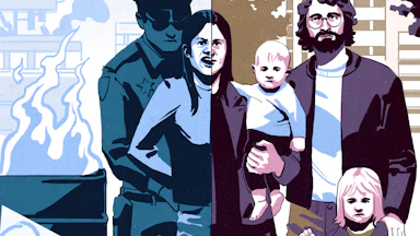 An illustration with a split color field to represent double lives of a family, parents with two young children. The mother is Weather Underground activist Bernardine Dohrn and she is restrained by a police officer on the left and half her contorted face and body is split by the color field and composition. On the right she has a docile expression and she and her husband are Bill Ayers hold their baby and young sibling, one of these represents the author.