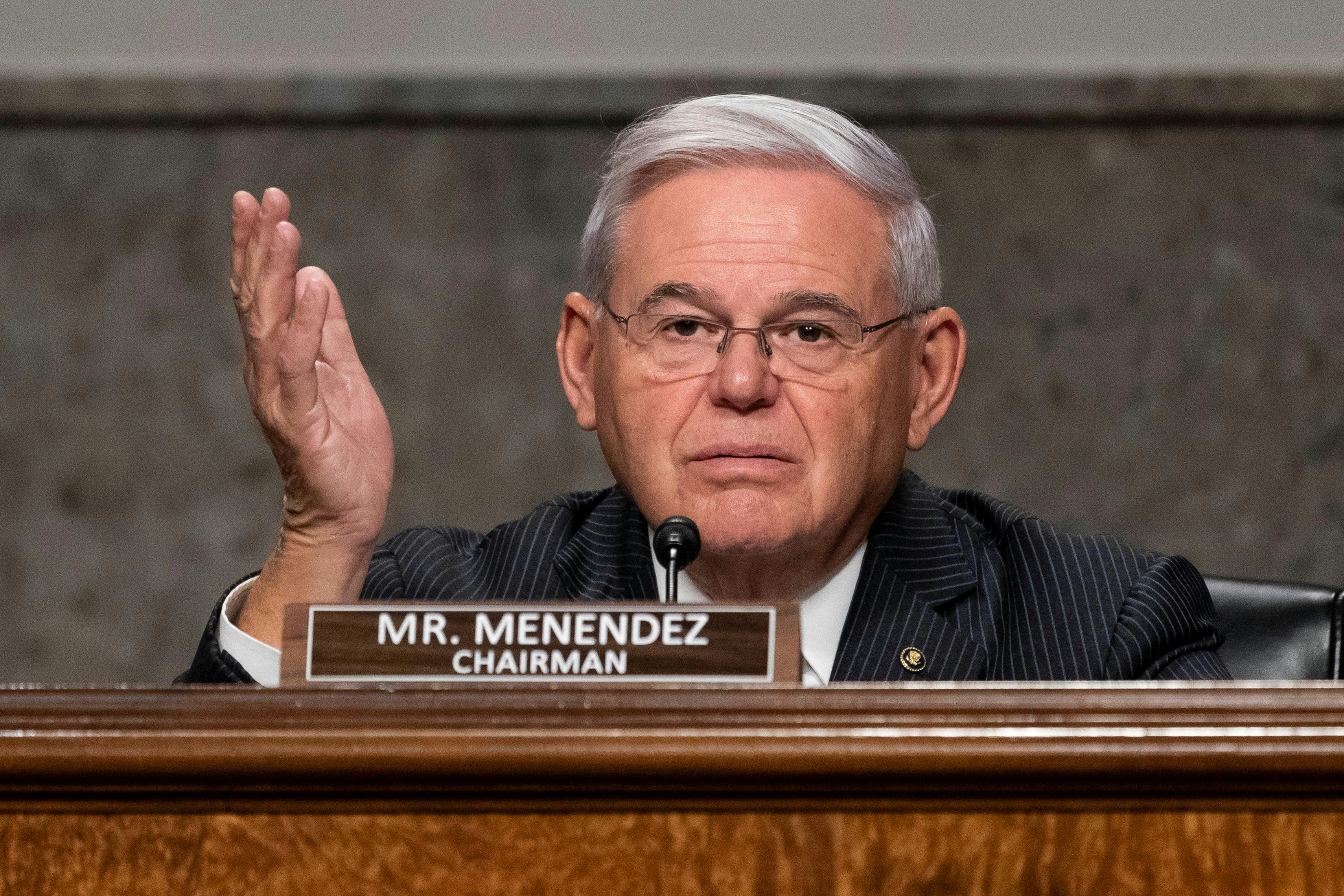 A close up of Bob Menendez at a hearing of the Senate Foreign Relations Committee