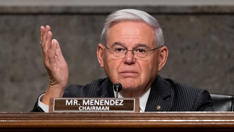 A close up of Bob Menendez at a hearing of the Senate Foreign Relations Committee