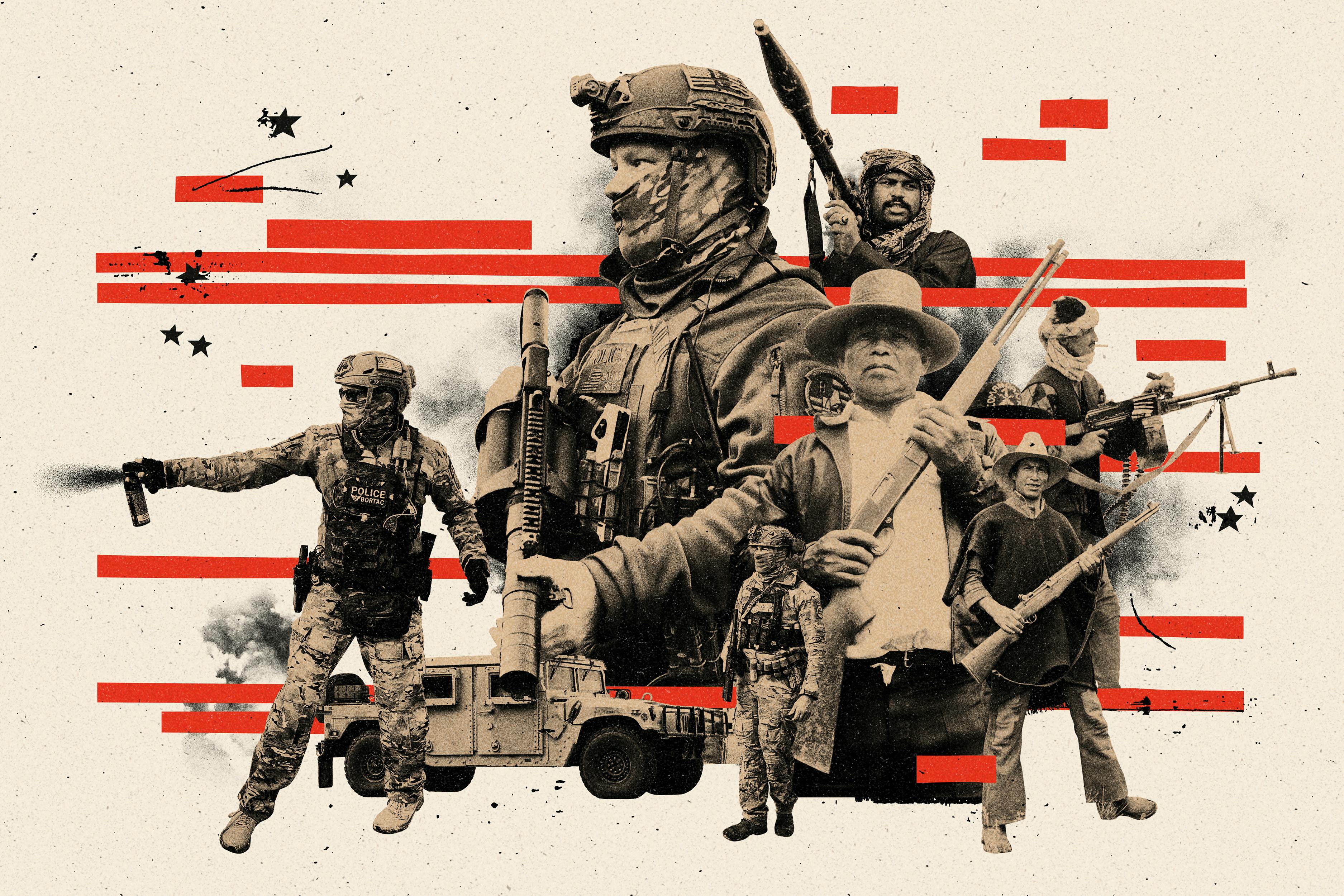 Photo collage of ICE agents and foreign paramilitary fighters  referencing how U.S.-backed militias abroad shape the militarization of ICE enforcement
