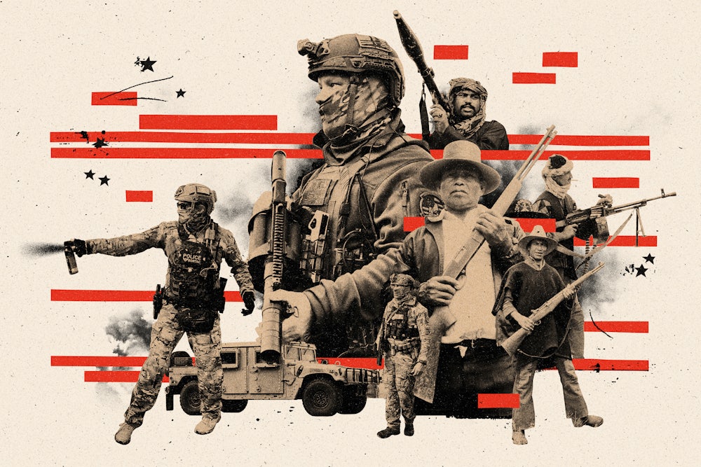 Photo collage of ICE agents and foreign paramilitary fighters referencing how U.S.-backed militias abroad shape the militarization of ICE enforcement