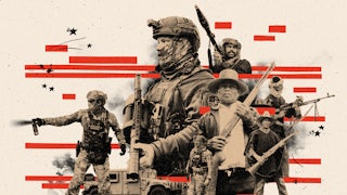 Photo collage of ICE agents and foreign paramilitary fighters referencing how U.S.-backed militias abroad shape the militarization of ICE enforcement