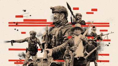 Photo collage of ICE agents and foreign paramilitary fighters referencing how U.S.-backed militias abroad shape the militarization of ICE enforcement