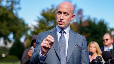 Stephen Miller speaks to reporters outside the White House.