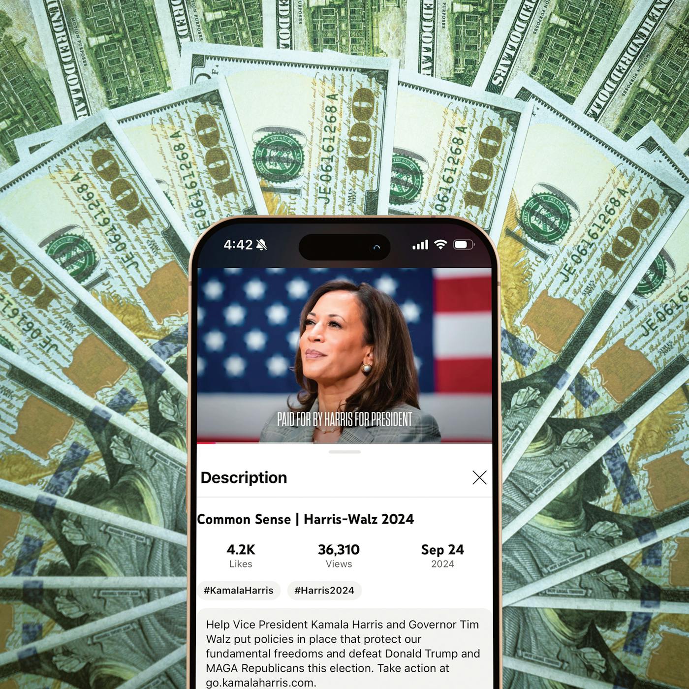 An iPhone with a "Harris for President" ad on a stack of hundred dollar bills  