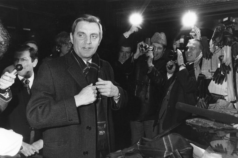 Walter Mondale talks to reporters during the 1976 presidential election 