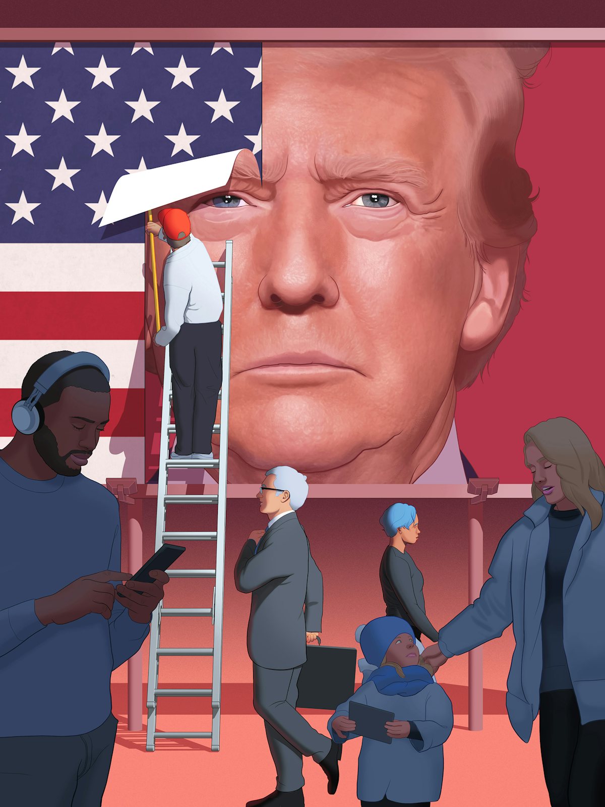 An illustration of a poster being installed with Trumps face on it with pedestrians going about their business not paying any attention