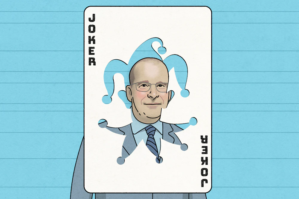 An illustration of Keith Whyte, replacing the face of a joker on a deck of cards.