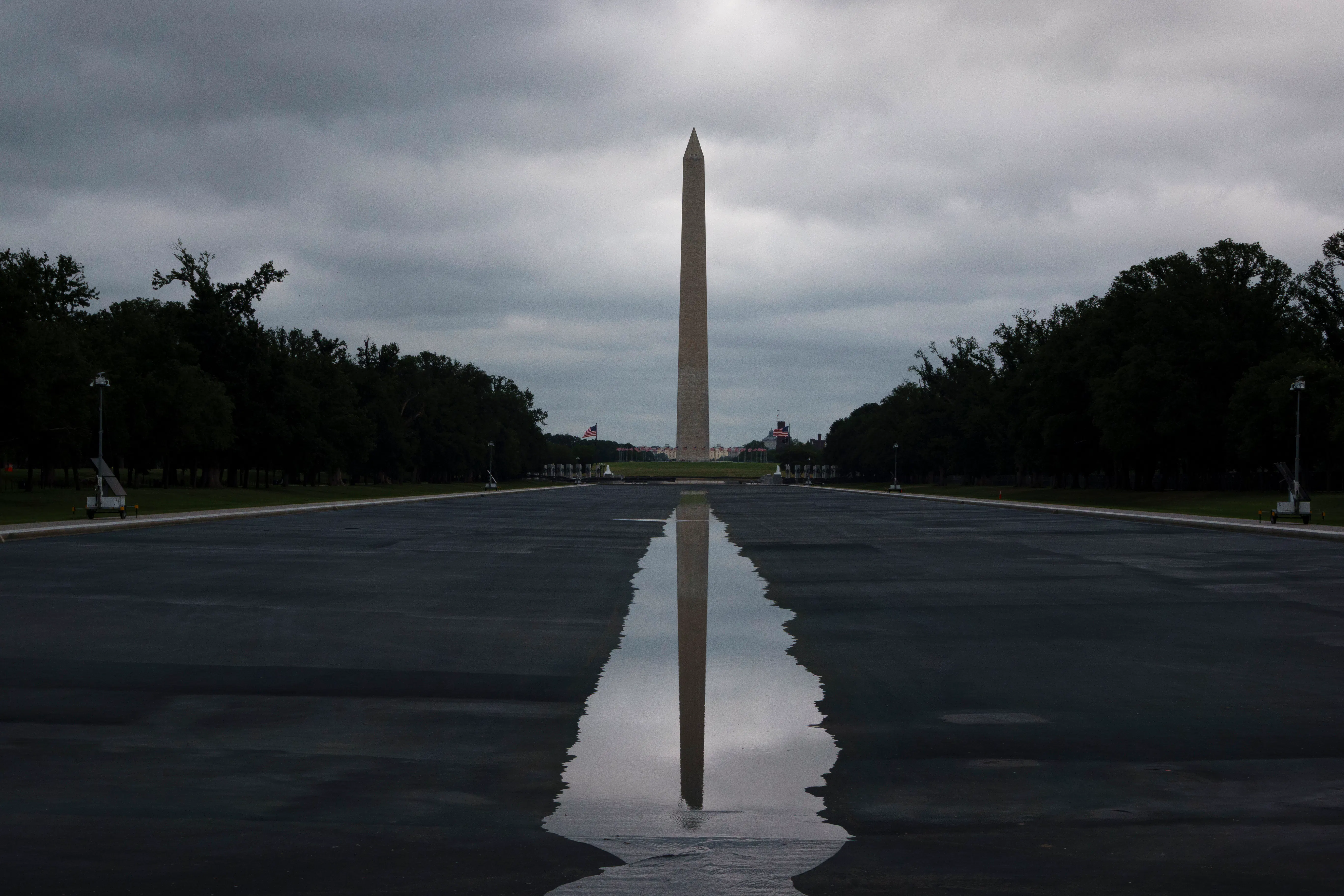 The recently drained Lincoln Memorial Reflecting Pool with the Washington Monument in the background