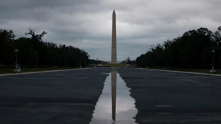 The recently drained Lincoln Memorial Reflecting Pool with the Washington Monument in the background