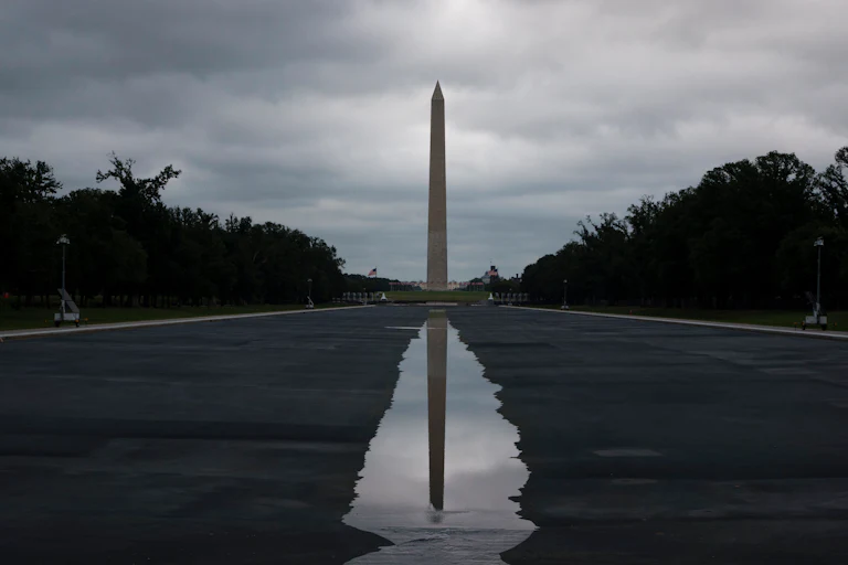 The recently drained Lincoln Memorial Reflecting Pool with the Washington Monument in the background