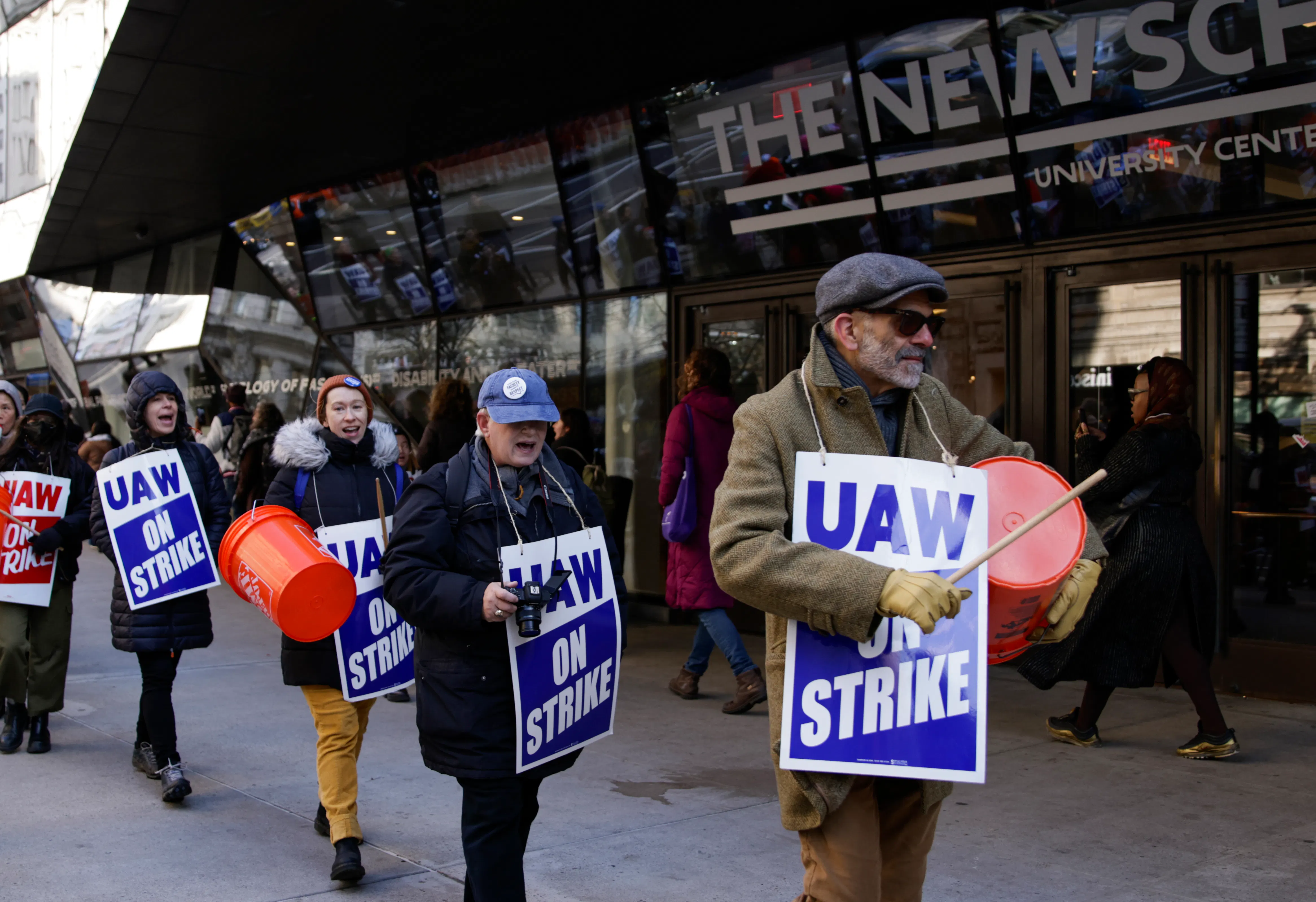 Strikers gather in front of the Parsons School of Design in Greenwich Village in New York in 2022. The New School part-time faculty were on strike for better pay and other contract terms.