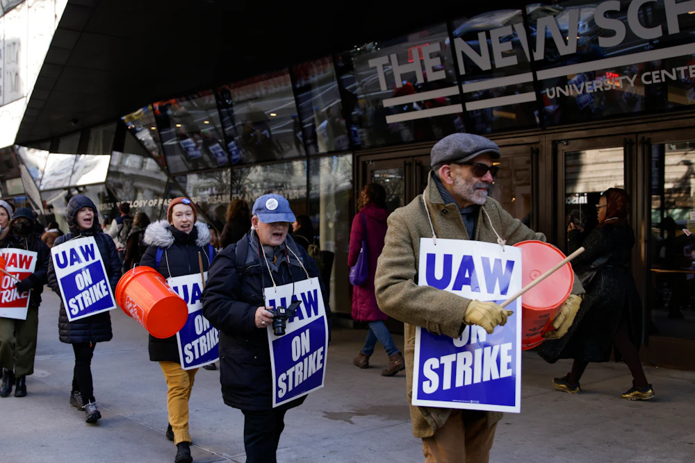 Strikers gather in front of the Parsons School of Design in Greenwich Village in New York in 2022. The New School part-time faculty were on strike for better pay and other contract terms.