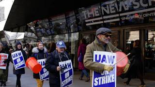 Strikers gather in front of the Parsons School of Design in Greenwich Village in New York in 2022. The New School part-time faculty were on strike for better pay and other contract terms.