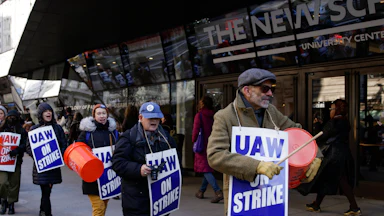 Strikers gather in front of the Parsons School of Design in Greenwich Village in New York in 2022. The New School part-time faculty were on strike for better pay and other contract terms.
