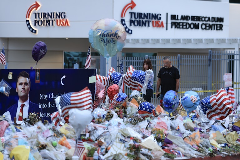 A memorial for Charlie Kirk outside the Turning Point USA headquarters