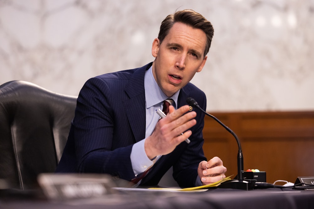 Republican Senator Josh Hawley speaks at a committee hearing.
