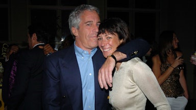 Jeffrey Epstein puts his arm around Ghislaine Maxwell's shoulder and his mouth near her forehead.