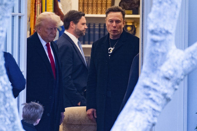 Donald Trump, JD Vance, and Elon Musk stand in the Oval Office