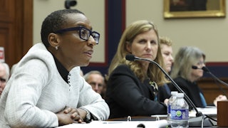 Harvard President Claudine Gay (L) and Penn President Liz Magill