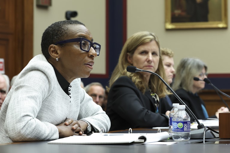Harvard President Claudine Gay (L) and Penn President Liz Magill