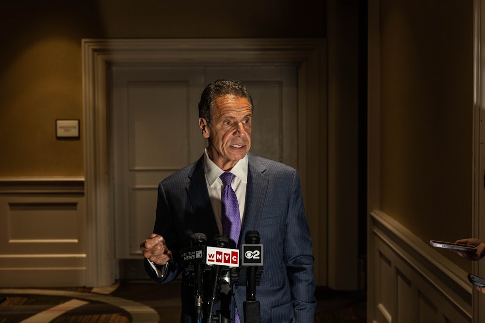 Former New York Governor Andrew Cuomo addresses the media following a speech at an event for the International Brotherhood of Electrical Workers in New York City.