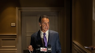 Former New York Governor Andrew Cuomo addresses the media following a speech at an event for the International Brotherhood of Electrical Workers in New York City.