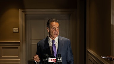 Former New York Governor Andrew Cuomo addresses the media following a speech at an event for the International Brotherhood of Electrical Workers in New York City.