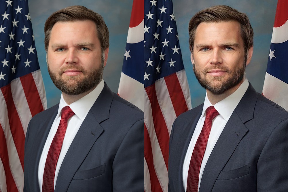 JD Vance's official portrait next to a digitally masculinized version.