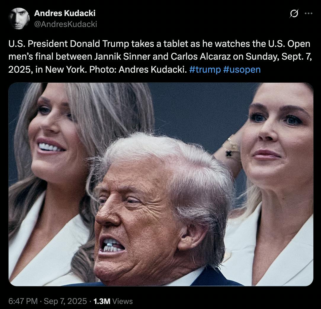 Andres Kudacki @AndresKudacki U.S. President Donald Trump takes a tablet as he watches the U.S. Open men’s final between Jannik Sinner and Carlos Alcaraz on Sunday, Sept. 7, 2025, in New York. Photo: Andres Kudacki. #trump #usopen (photo)