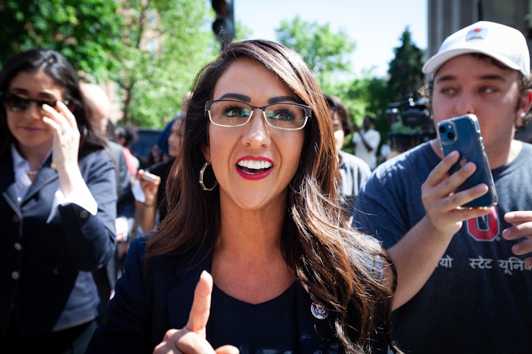 Lauren Boebert gestures as she speaks