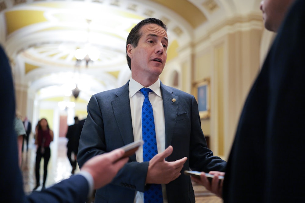 U.S. Sen. Bernie Moreno (R-OH) speaks to reporters before meeting with Republican lawmakers.