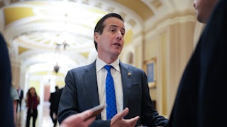 U.S. Sen. Bernie Moreno (R-OH) speaks to reporters before meeting with Republican lawmakers.