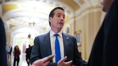 U.S. Sen. Bernie Moreno (R-OH) speaks to reporters before meeting with Republican lawmakers.