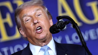 Donald Trump speaks into a microphone