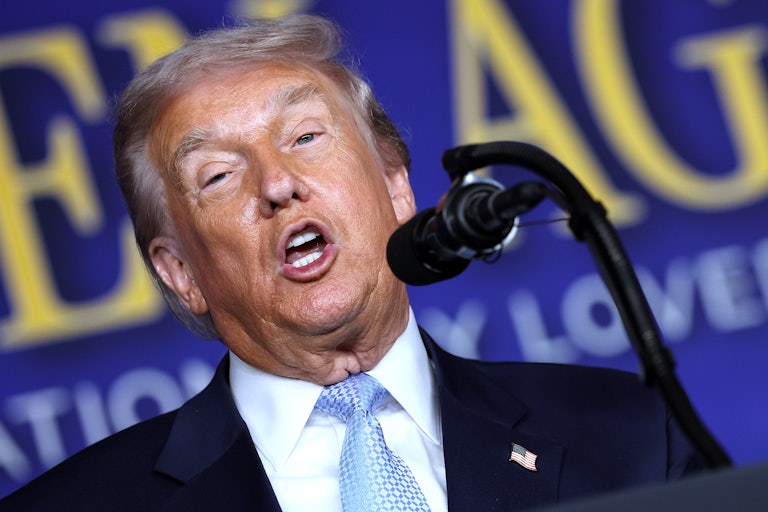 Donald Trump speaks into a microphone